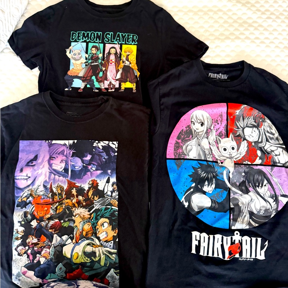 Lot 3 Black Anime Tee Shirts S/M Unisex Demon Slayer Fairy Tale My Hero Academia